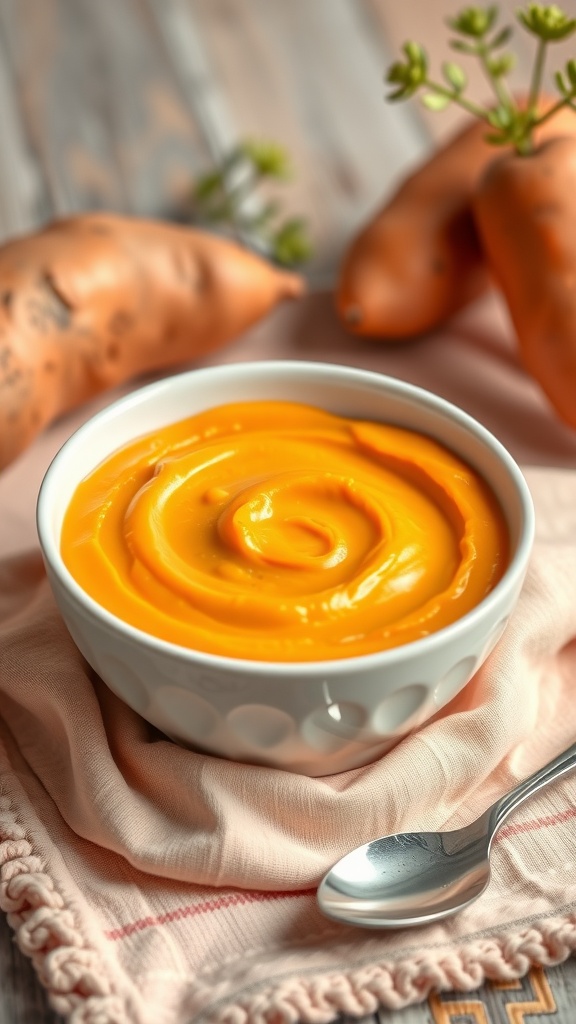 A bowl of smooth sweet potato puree for babies, with whole sweet potatoes in the background.